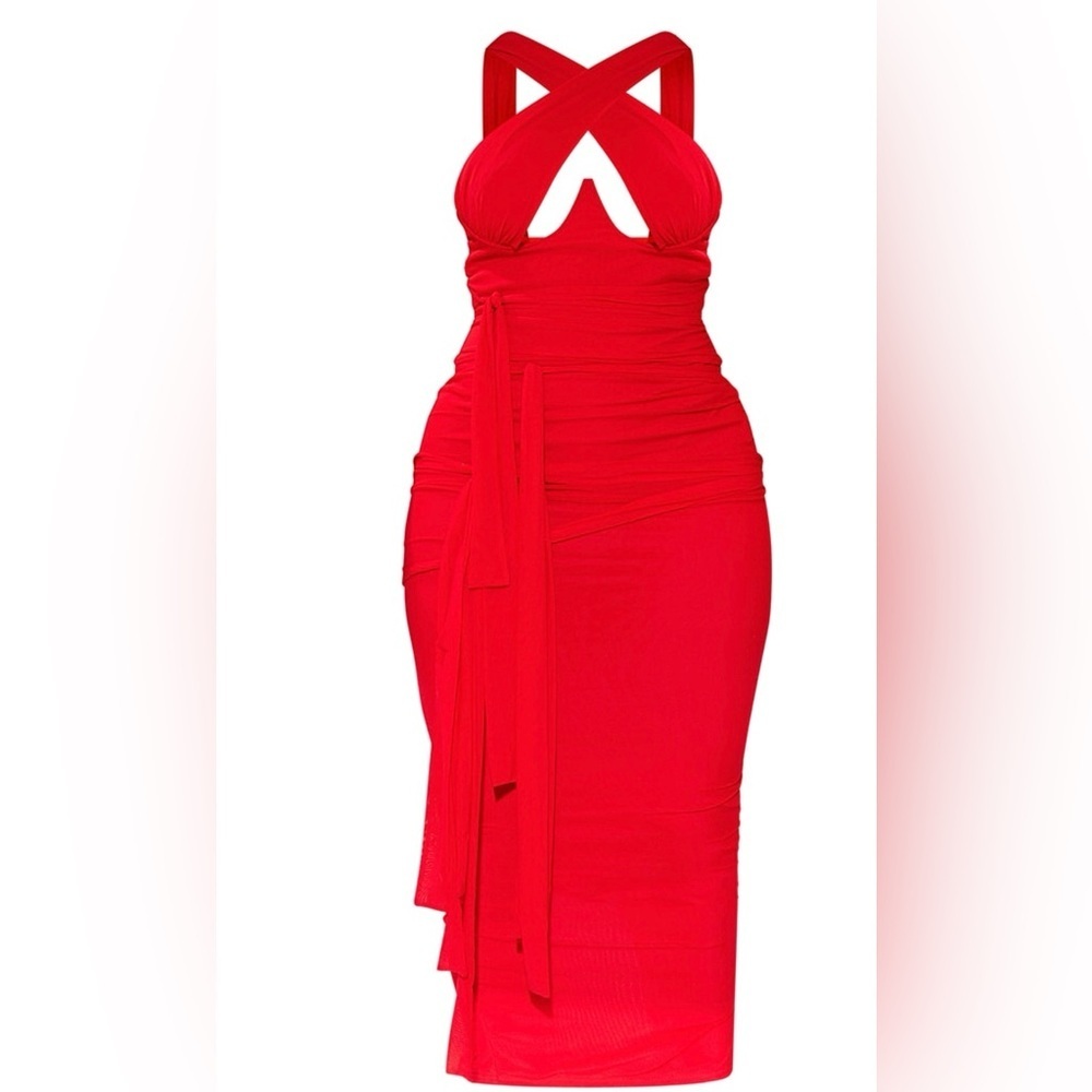 Pretty little things SHAPE RED MESH WRAP NECK TIE DETAIL MIDAXI DRESS 6